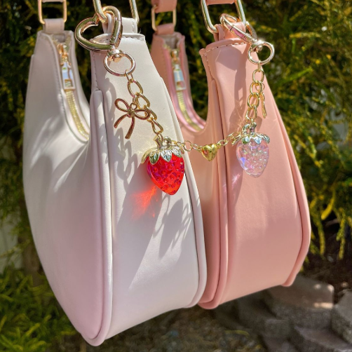 Matching Strawberry Heart Bag Charm Keychain Set
