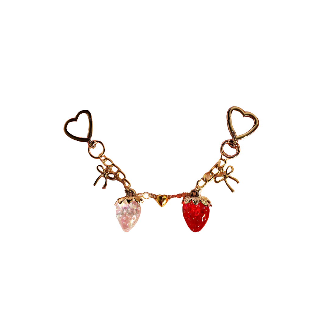 Matching Strawberry Heart Bag Charm Keychain Set